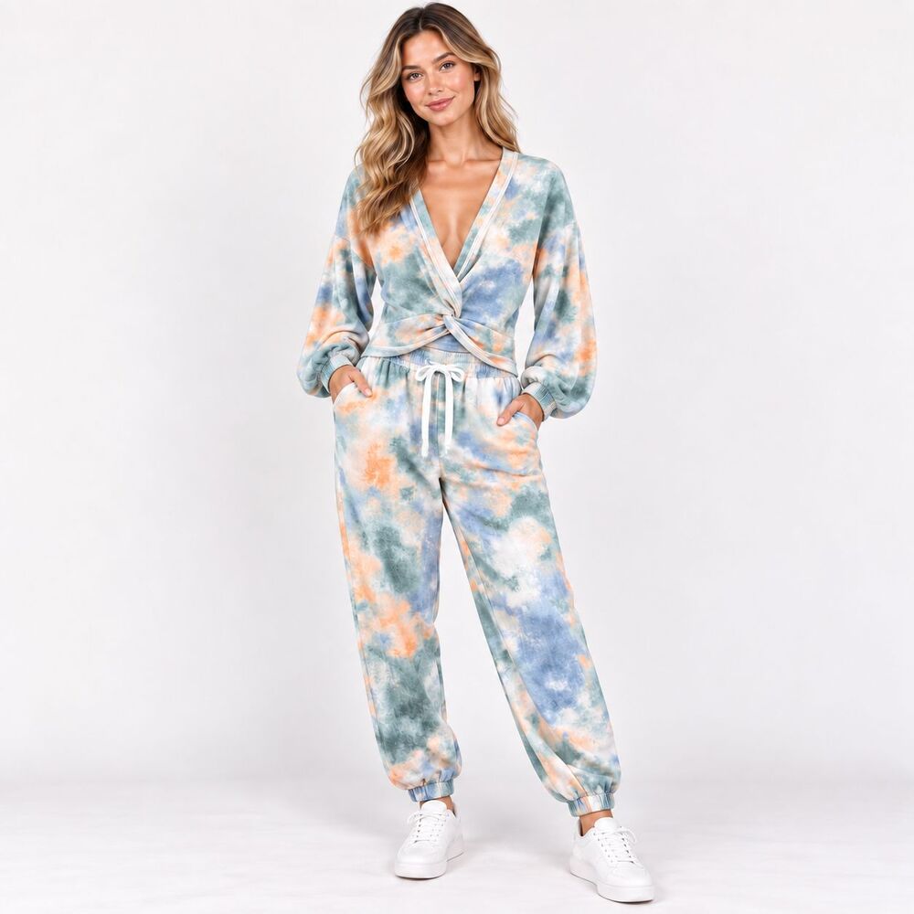 Skies Are Blue SOFT Tie Dye Lounge Set Top S Joggers XS Blue Peach NWT